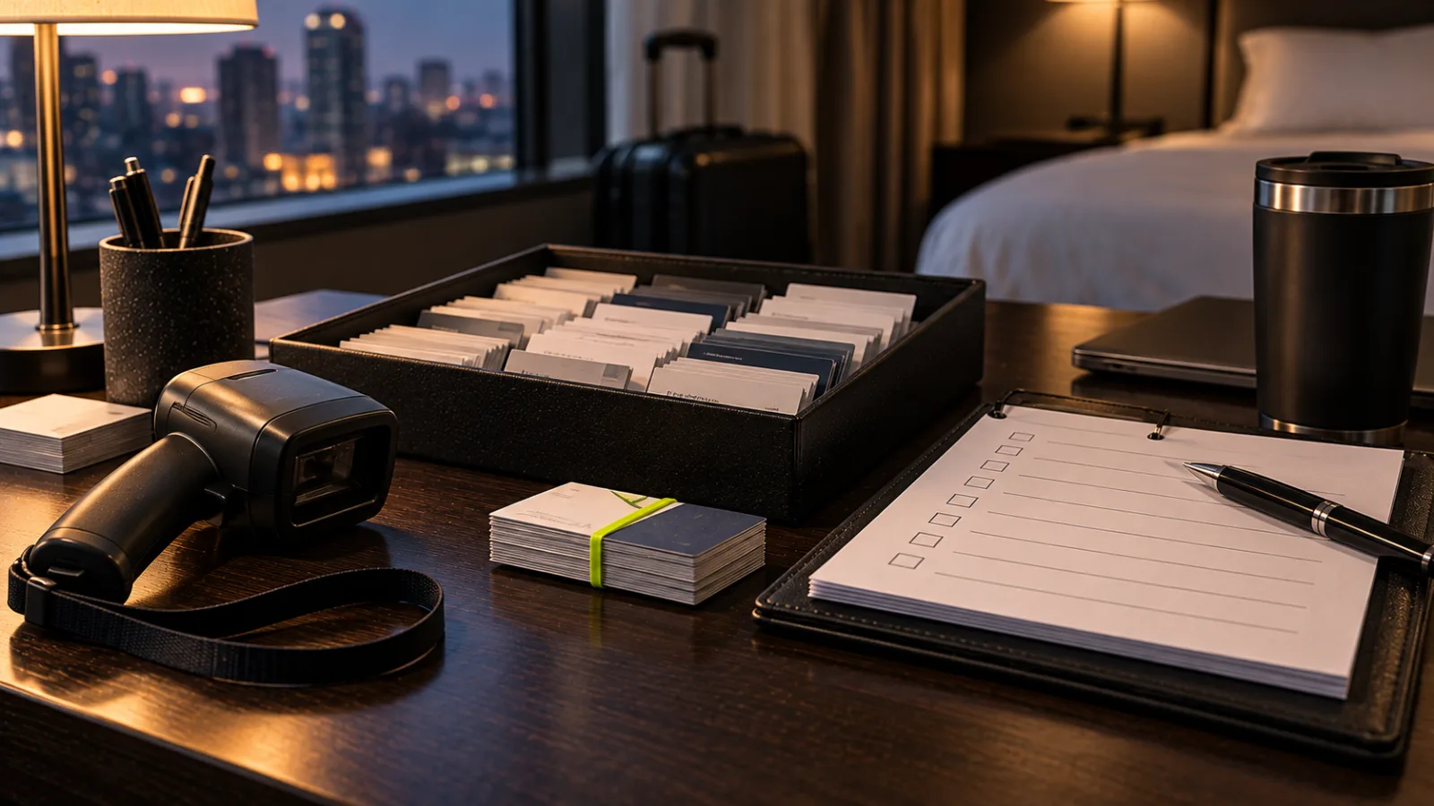 A hotel room desk after a trade show with a badge scanner, a tray of collected business cards and a follow up checklist, a bright lime rubber band