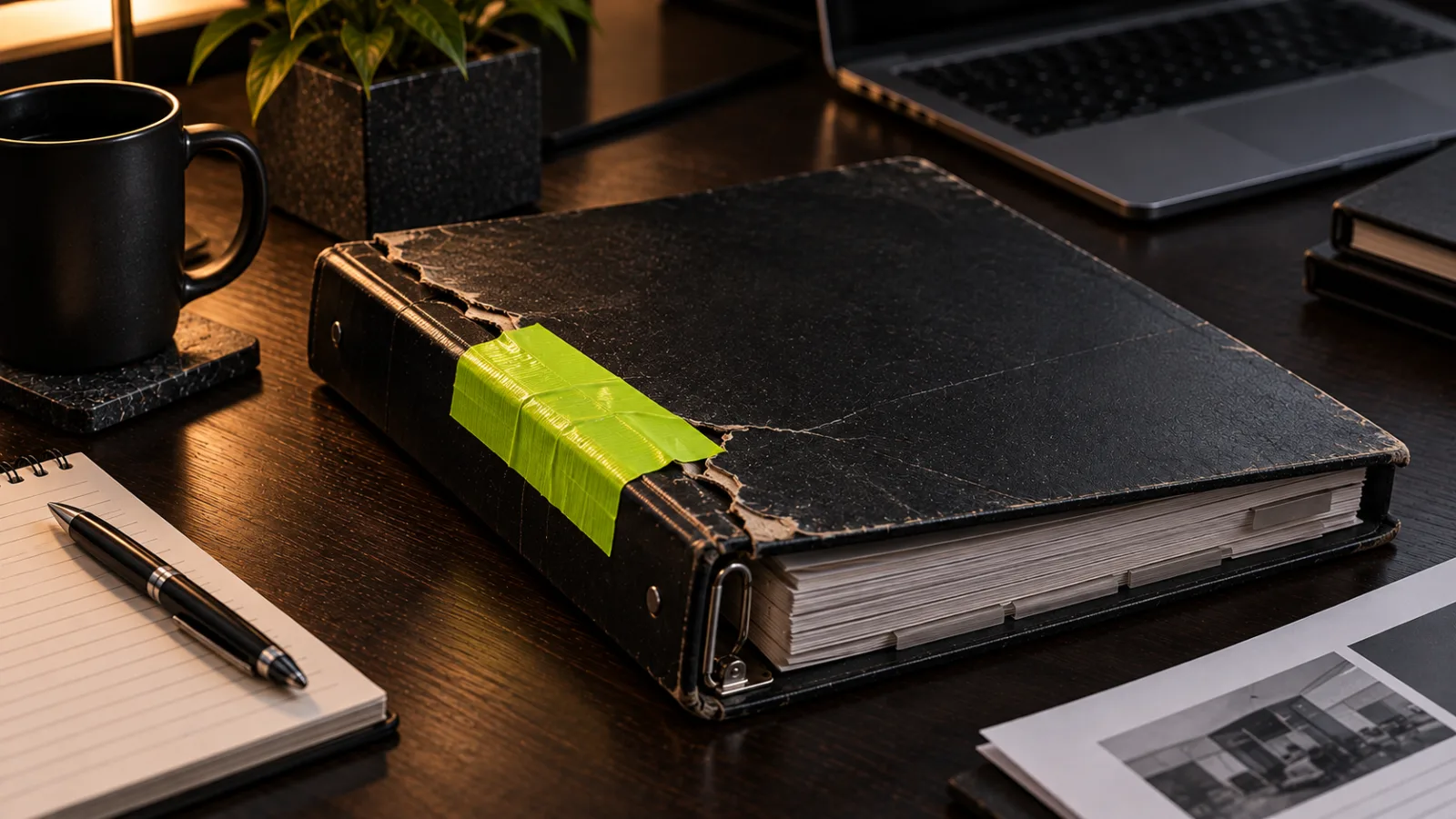 A printed marketing plan binder with a torn cover repaired with bright lime tape