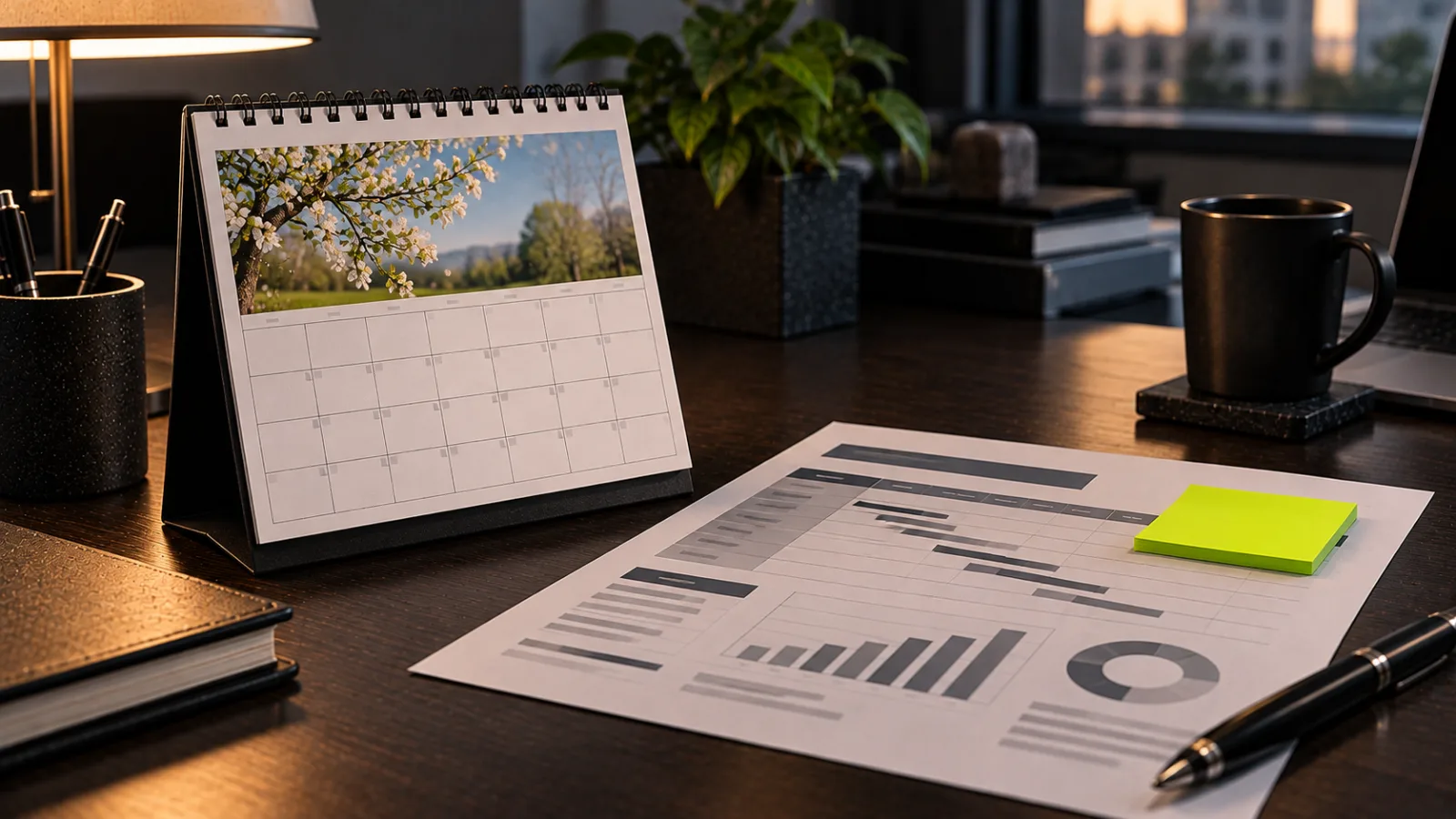A desk calendar flipped to a spring month beside a printed annual plan, one bright lime sticky note