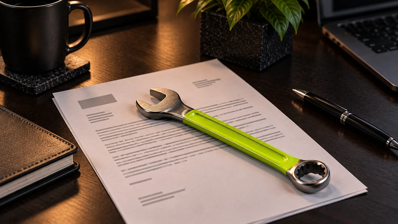 A steel wrench lying on a printed customer letter (unreadable), the wrench handle bright lime