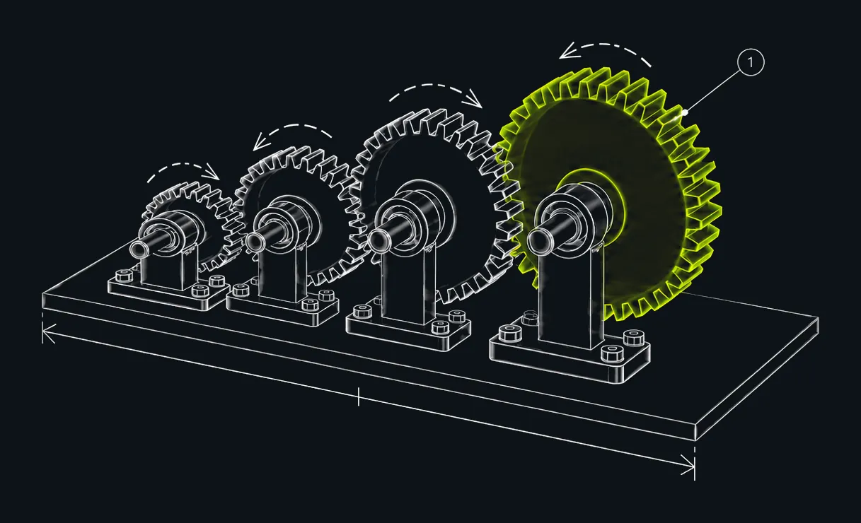 Line drawing of a gear train stepping up to one large lime gear