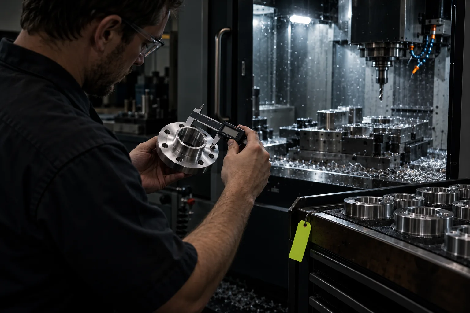Machinist checking a freshly cut part with calipers beside a CNC machine