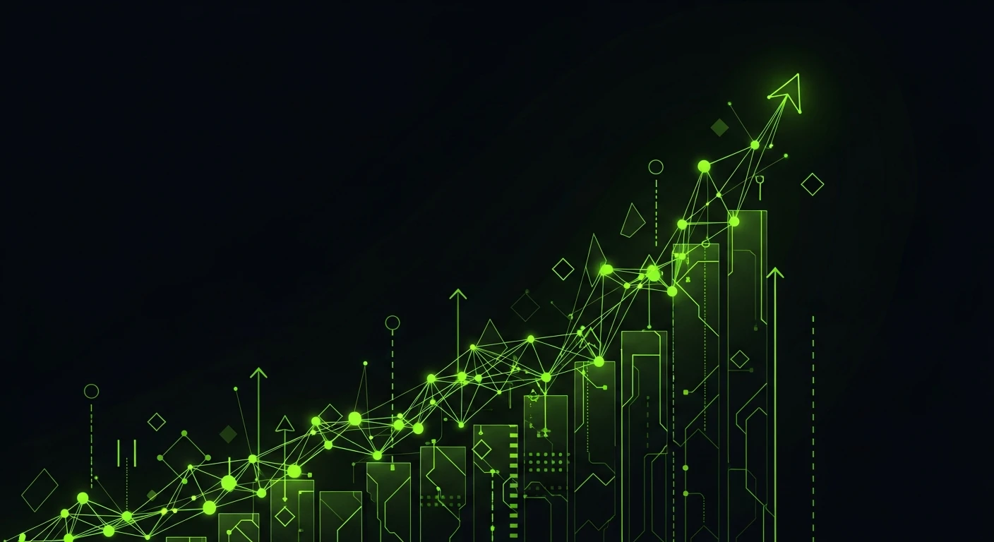 Abstract neon green financial graph with upward trend on dark background.