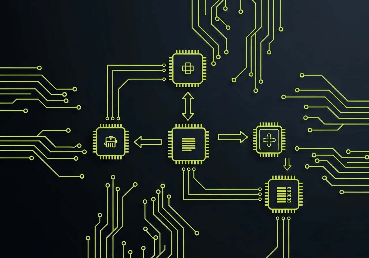 Abstract circuit board illustration with yellow-green traces and interconnected processor nodes on a dark background, representing CRM and marketing technology infrastructure.