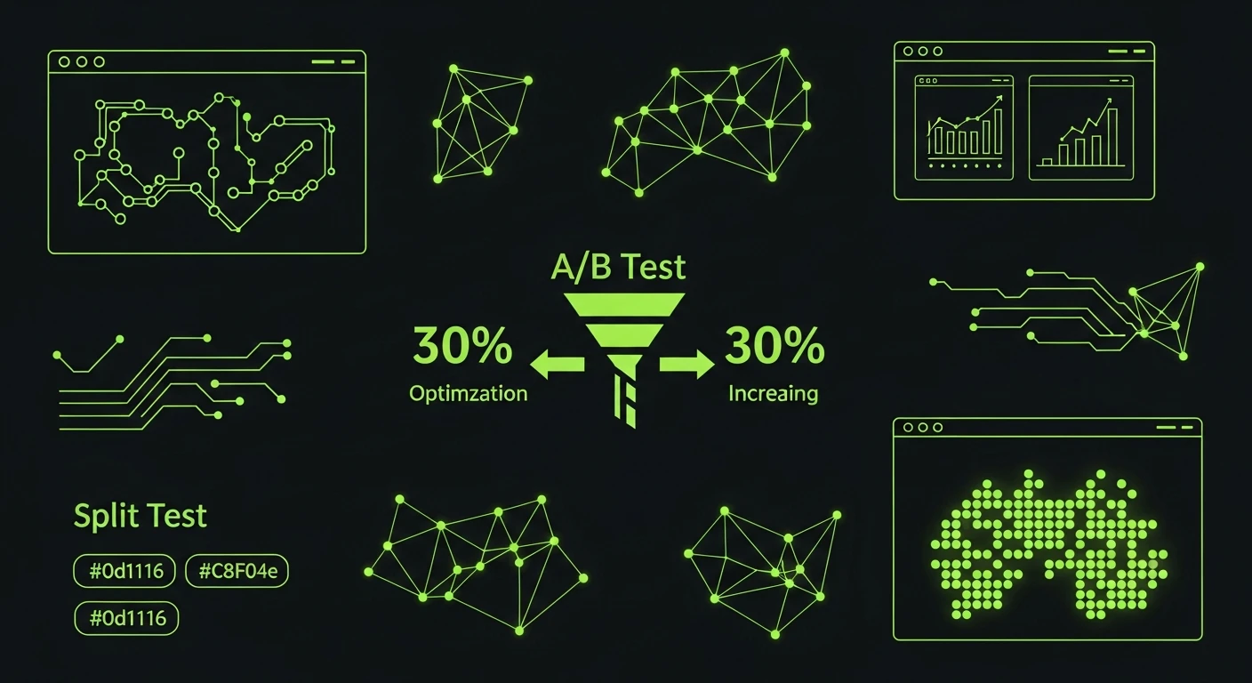 A graphic illustration of A/B testing with network diagrams and graphs on a dark background, highlighted in neon green.