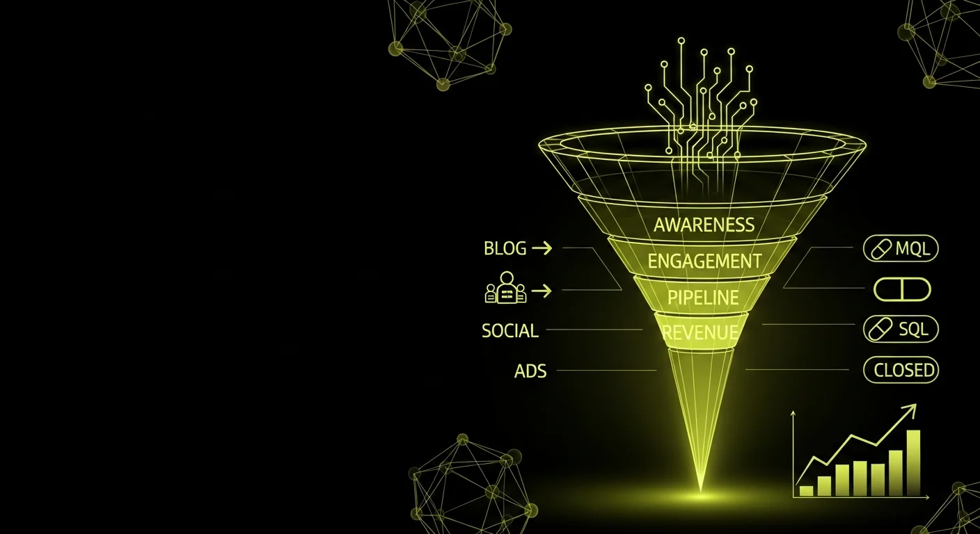 Growth marketing funnel illustration on a dark background showing a 3D wireframe funnel with stages labeled Awareness, Engagement, Pipeline, and Revenue, with Blog, Social, and Ads inputs on the left and MQL, SQL, and Closed output nodes on the right, plus a bar chart in yellow-green.