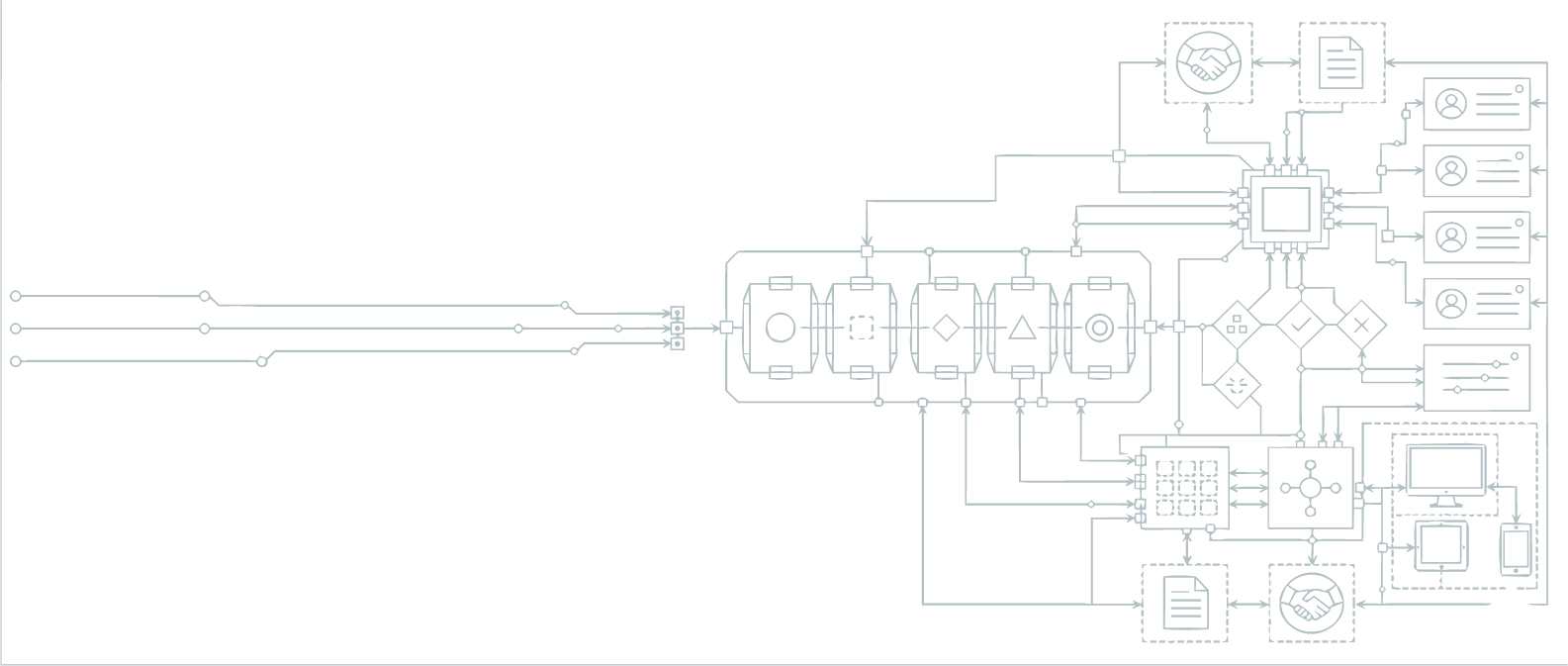 Technical schematic showing a sales pipeline with process stage icons connecting data flows to buyer personas, documents, grid metrics, and delivery outputs on a dark background.