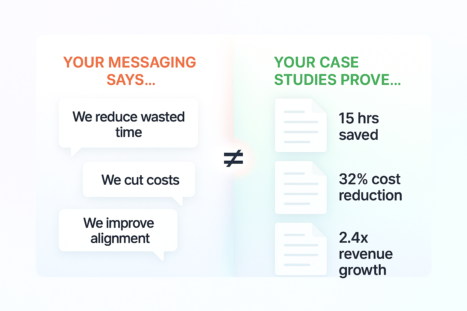 Two lists of messaging and case studies showing they don't connect.